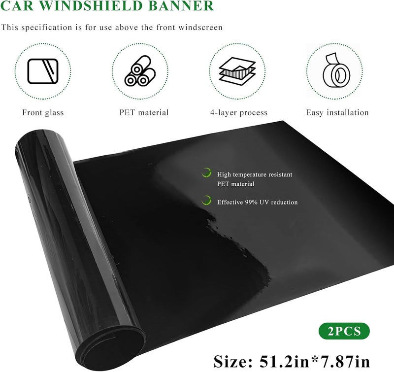 YTFRL 2 PCS Windshield Tint Strip, 51.18"×7.87" Car Window Sun Visor Tints Film with Scraper, Universal Front Windscreen Heat Control Tint Strip Styling Decoration for Car Truck SUV RV - Image 2